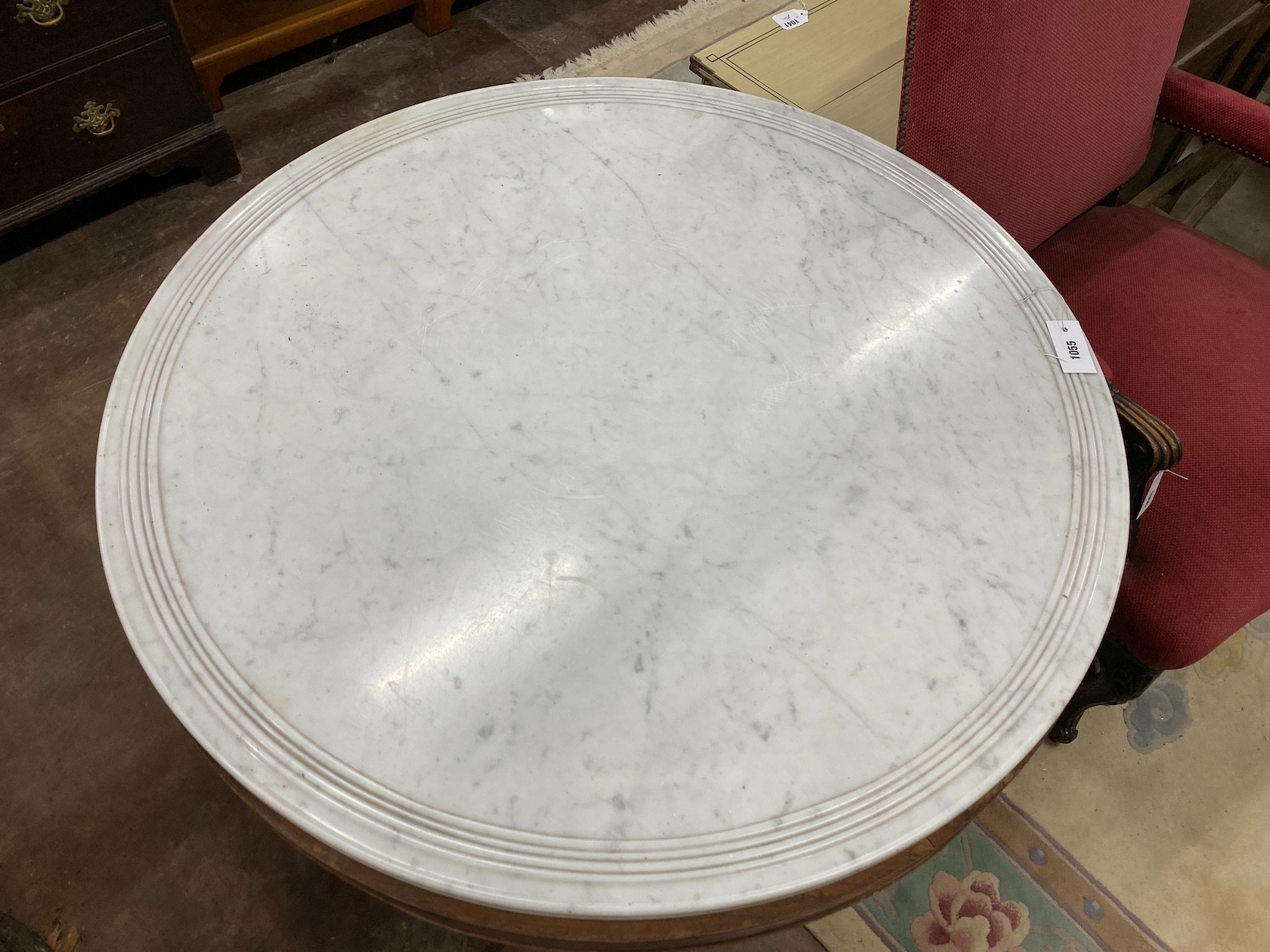 A 19th century French circular marble top mahogany centre table, diameter 98cm, height 73cm